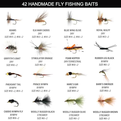 Image of Fly Fishing Flies Assortment Kit, 42 Pieces of Dry, Wet, Nymphs, Streamers, Wooly Buggers, Terrestrials, for Trout Bass Salmon Steelhead, with Silicone Fly Box, Fly Fishermen Gift