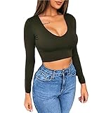 Taille: S-L. Loalirando Crop-Top Moulant Femme à Manches Longues T-Shirt Court Sexy Col V Couleur Uni (Vert foncé, S)