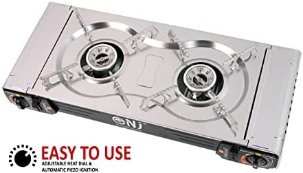 NJ SG-2S Camping Gas Stove - Double Burner Portable Butane Twin Cooker Outdoor Camp Kitchen Auto Ignition Stainless Steel Compact Plastic Carry Case and Bag