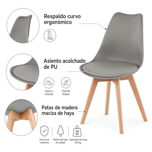 Miniatura 6 de Eggree Pack De 6 Comedor Silla De Oficina Con Las Piernas De Madera De Haya Maciza, Tm Sillas Sin Brazos Acolchada Para Mayor Comodida - Gris