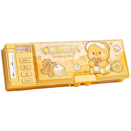 Image of KiddieWorld Password Lock School Students Pencil Box with Inbuilt Sharpener, Cute Cartoon Stationary Compass for Boys, Geometry Case for Kids Girls, Best for Gifts (Creamy Bear Compass 1)