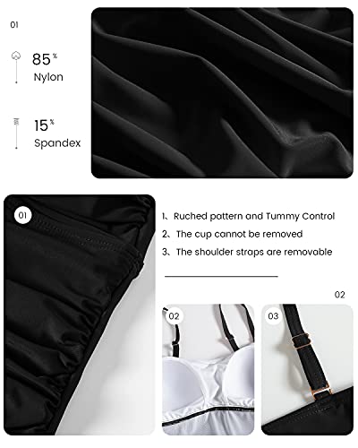 Shuangyu Tankini Bathing Suits For Women Ruched Bandeau Two Piece Swimwear Tummy Control Tankini Swimsuits With Bikini Bottom Black M #TOP3
