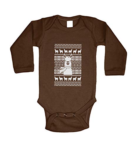 Haase Unlimited LLama Ugly Christmas Sweater Pattern - Long Sleeve Bodysuit (Brown, 18 Months)