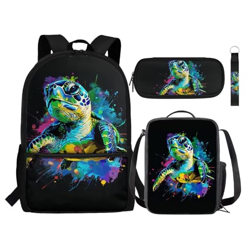 Set zaino per bambini con portapranzo portapenne portachiavi 4 in 1 regalo per ragazze ragazzi adolescenti Tartaruga marina Splash Ink Taglia unica Zaini Daypack blu