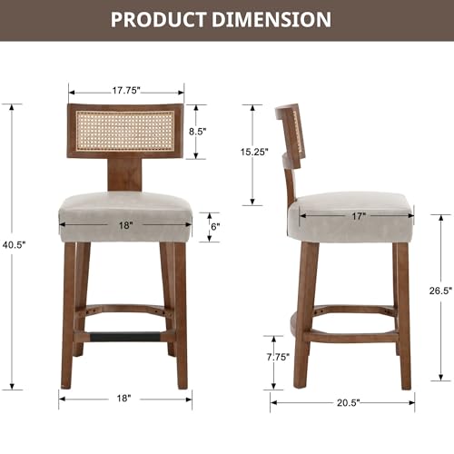 26’’ Rattan Barstools with Back Counter Height Bar Stool Set of 3, Grey PU Leather Modern Kitchen Counter Stools Upholstered Farmhouse Wicker Stool, Boho Bar Stool Chairs with Natural Wood Frame