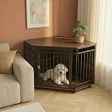 VOWNER Ecke Hundekäfig, Holz Hundebox mit abschließbarer Tür, Möbelstil Haustierbox für Zuhause, Leicht zu reinigen und platzsparende für kleine/mittlere Hunde, 110 X 66 X 60 cm, Dunkles Walnussholz