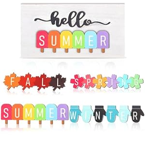 Roowest 5 Pcs Hello Summer Sign Interchangeable Seasonal Sign Spring Fall Winter Tiered Tray Decor 5.9 x 3 Inch Wooden Gloves Decor 4 Seasons Farmhouse Table Centerpiece Decoration for Home(Fresh)
