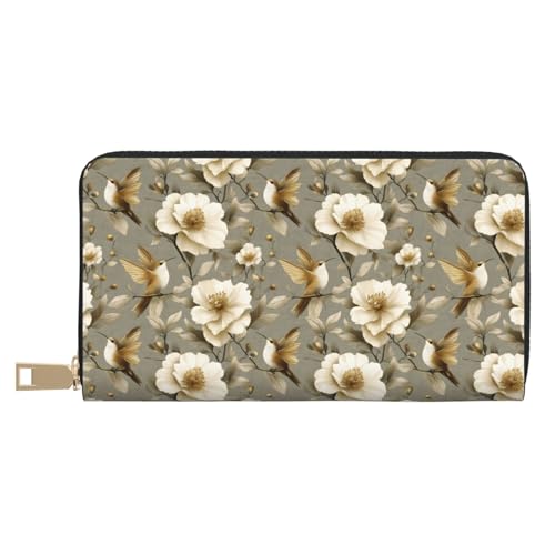 Leather Thin Slim Wallets for Women Men - Fashion White Flower Gold Hummingbird Print Card Wallet Holder with Zipper