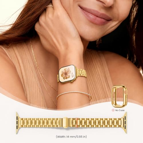 Image of STIROLL Thin Replacement Band Compatible for Apple Watch 49mm 46mm 45mm 44mm 42mm(Series 3 2 1), Stainless Steel Metal Wristband Women Men for iWatch Ultra SE Series 11 10 9 8 7 6 5 4, Gold (no case)