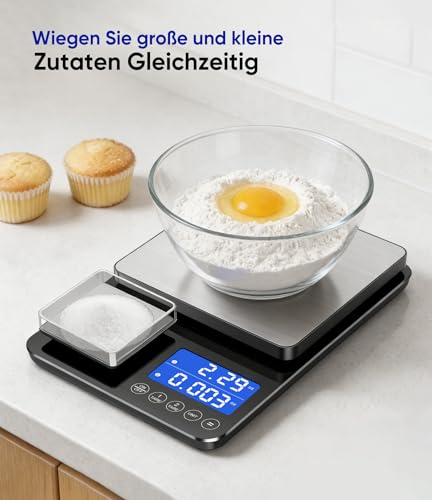 Küchenwaage Digital 15 kg / 0,01 g, Hochpräzise Zweibereichs Waage Küche mit Addierfunktion, Tara-Funktion, 7 Maßeinheiten… – Ansicht 2