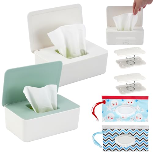 BEIZMHBO 6PCS Diaper Wipes Dispenser Set, 2 Refillable Baby Wipe Containers with 2 Travel Wet Wipe Pouch & 2 Spring Supports, Wipe Holders with Sealing Design Lid Keeps Wipes Fresh for Home Office Car