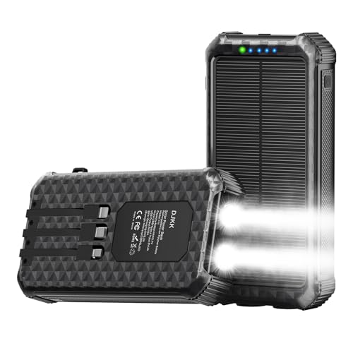 Solar Charger Power Bank 46800mAh, Solar Phone Charger Built-in 3 Cables 15W Fast Charging 4 Output for All Mobile Devices, 2 Inputs Solar Portable Charger with Dual Flashlights&Compass for Camping