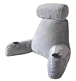 Cascadia Essentials X-Large Shredded Memory Foam Reading Pillow with Cup Holders - Backrest Support for Watching TV, Gaming, Studying, Relaxing in Bed - Soft Grey Velour Perfect for Kids and Adults