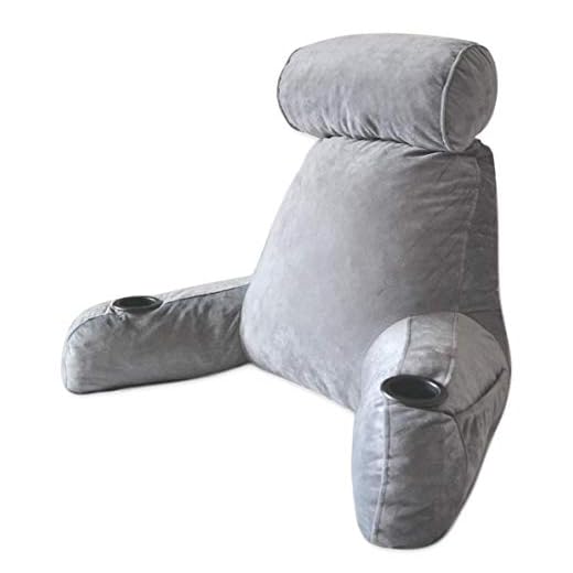Cascadia Essentials X-Large Shredded Memory Foam Reading Pillow with Cup Holders - Backrest Support for Watching TV, Gaming, Studying, Relaxing in Bed - Soft Grey Velour Perfect for Kids and Adults