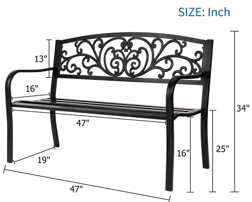 Patio Park Garden Bench, 50" Outdoor Bench Metal Bench With Powder Coated Iron Metal Frame & Floral Ivy Design Backrest, 400Lbs Sturdy Steel Frame Furniture For Yard Porch Entryway Lawn Decor Deck #TOP1