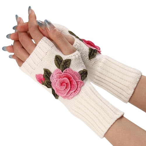 DUNKOING Embroidered Fingerless Gloves Knitted Flower