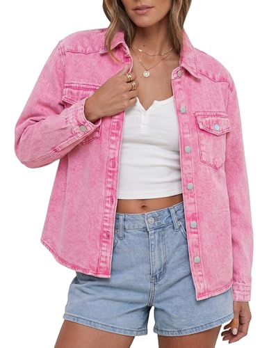 luvamia Denim Jackets for Women Trendy Long Sleeve Distressed Jean Button Down Hot Pink Ladies Jacket Distressed Denim Jacket Womens Jean Jackets Shirt Shacket Hot Pink Size Medium US 8 to 10