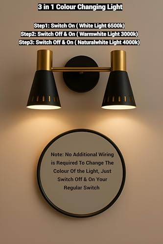 Image of FILLISKA 3 in 1 Double Wall spot /Picture /Display /Mirror Light with Adjustable Head and Colour Changing Function (2 Way Black & Gold-037)