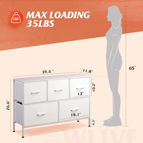 Image of WLIVE Dresser with 5 Drawers, Dressers for Bedroom, Fabric Storage Tower, Hallway, Entryway, Closets, Sturdy Steel Frame, Wood Top, Easy Pull Handle (White)