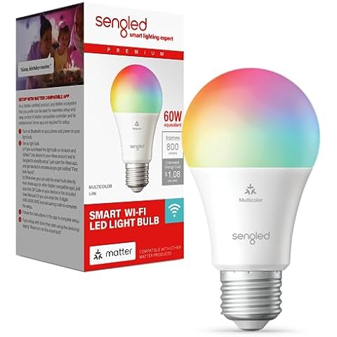 Sengled LED Smart Light Bulb (A19), Matter-Enabled, Multicolor, Works with Alexa, 60W Equivalent, 800LM, Instant Pairing, 2.4 GHz, Wi-Fi, 1-Pack Cover