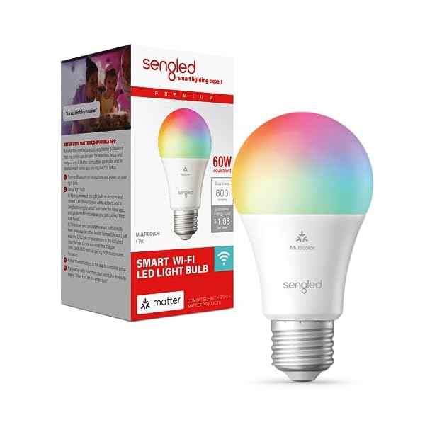 Sengled LED Smart Light Bulb (A19), Matter-Enabled, Multicolor, Works with Alexa, 60W Equivalent, 800LM, Instant Pairing, 2.4 GHz, Wi-Fi, 1-Pack