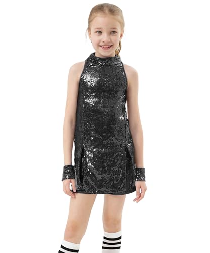 Girls Sequins Dance Outfit Dress Kids Sparkle Jazz Singer Star Costume Top Shorts 4PCS Set 7-8 Years Black