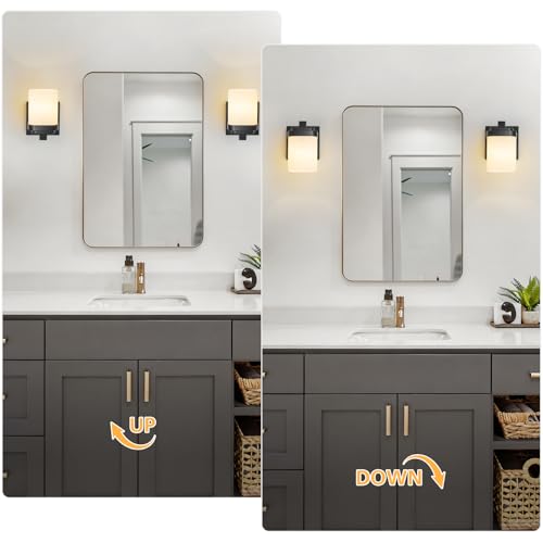 Image of 4.72 Inches Bathroom Vanity Lights, 1-Light Black Bathroom Llight Fixtures Over Mirror with Milky White Square Glass Shade, Modern Farmhouse Bathroom Wall Lamp, Wall Sconces Set of Two