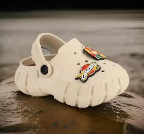 Image of GIMME ! Little Monkey, Toddler Clogs Slippers, 12 Months to 6 Years, Baby Boy, Waterproof, Lightweight, Cute Cartoon Fun Charms, Beige, Non-Slip Sole