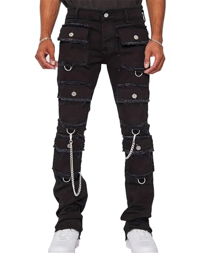 Men's Slim Fit Stretch Jeans Street Hip-Hop Leggings Pants with Multi Pockets Casual Trousers