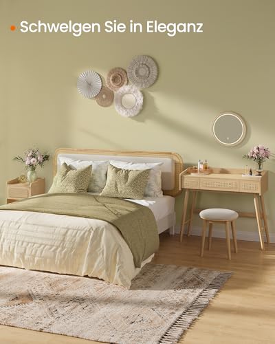 SONGMICS HOME BOHOVEN Kollektion - Schminkhocker, Schminktisch-Hocker gepolstert, Massivholzbeine, Sitzhocker rund, Fußhocker, rutschfeste Fußpads, Boho-Stil, Schlafzimmer, cremeweiß-eichenbeige