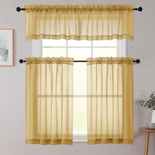 Image of Chyhomenyc Sheer Valances for Windows 2 Pack, Small Window Curtains for Living Room Bathroom, Modern Top Dual Rod Pocket Voile Basement Curtains, 42W x 14L inches, Gold