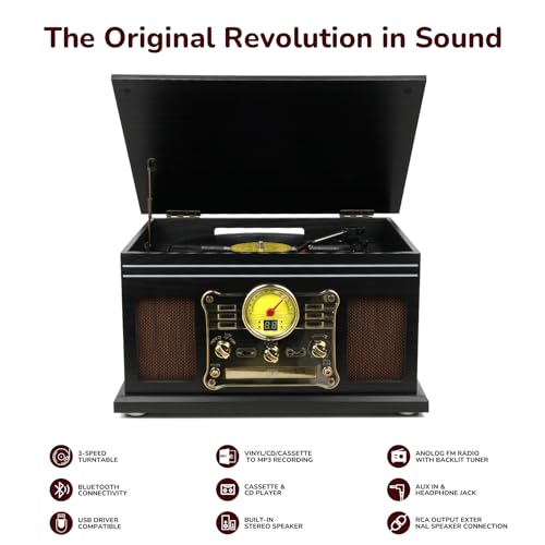 Image of FEKTIK Bluetooth Record Player 10 in 1,FEKTIK 3-Speed Turntable for Vinyl with Speakers, LP to MP3 Converter, CD, Cassette Player, FM Radio, Wireless Streaming | Black