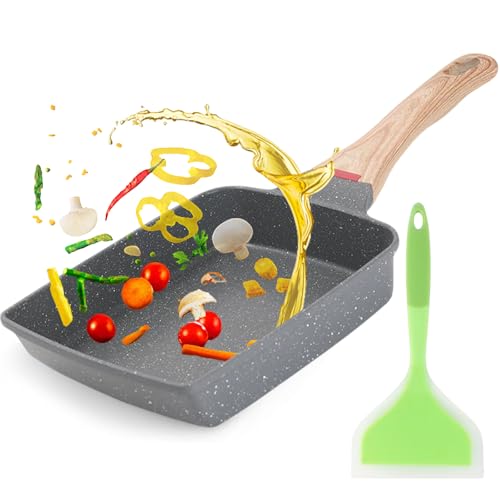 Lista de Sarten Serafin los mejores 5. 47 Sarten cuadrado japones, Sartenes para omelett antiadherentes, Sarten para huevos estrellado con espátula de silicona, mango de mader, Adecuado para takoyaki, huevos fritos, etc...