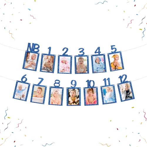 1st Birthday Photo Banner Boys Newborn to 12 Months Birthday Paper Photo Frame Monthly Milestone Bunting Decorations Baby 1st Bday Picture Banner Blue Glitter
