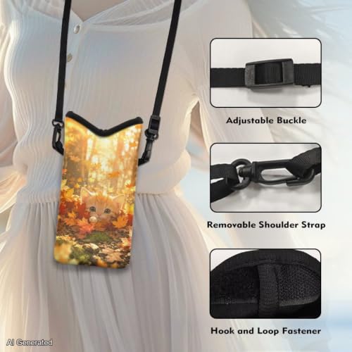 Image of Travel Crossbody Cell Phone Purse Waterproof Mini Smartphone Shoulder Bag Lightweight Cellphone Bag for Phone, Keys, Power Bank, 8 x 4 inch, Cat Autumn Leaf