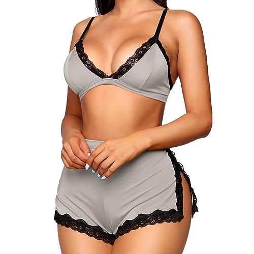 RSLOVE Sexy Pajamas for Women Soft Lingerie Set Lace Trim Sleepwear 2 piece Pjs Shorts Set Medium Gray