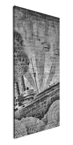 Graffiti creativo en una pared de ladrillo panorámico 120 x 60 cm efecto: negro/blanco como lienzo, diseño enmarcado sobre marco de madera auténtica, impresión digital de alta calidad con marco