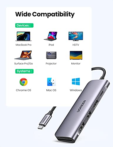 Adaptador USB C Hub 6 in 1 Tipo C to HDMI 4K, 2 USB 3.0 Ports, SD TF leitor de cartão, 100W PD para