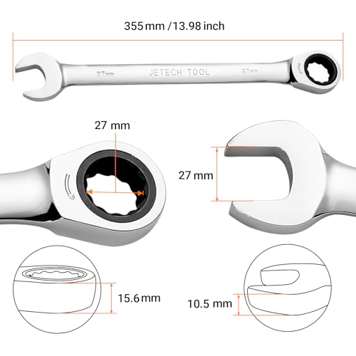 Jetech 27mm Gear Wrench - Metric Industrial Grade Cr-V Steel Ratcheting Combination Wrench, Ratchet Spanner in Polished Chrome Finish