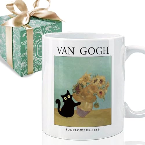 Puouoonyi Famous Art Paintings Cat Mug Gift for Artist Art Lover Teacher Students, Funny Van Gogh Sunflowers Cat Meme Coffee Mug Birthday Gifts for Women Men 11oz