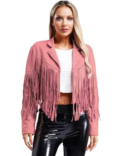 Women Faux Suede Leather Fringe Jacket Cowgirl Motorcycle Moto Biker Open Front Tassel Coat