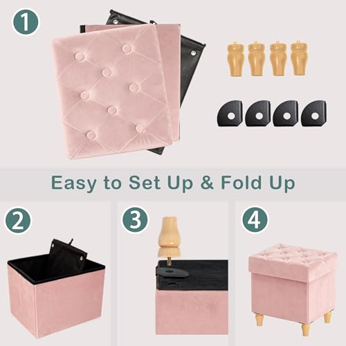 Image of CAROLMADE Folding Storage Ottoman Cube Velvet Footstool with Wood Legs Ottoman Footrest for Living Room and Bedroom Pink, 15 inchx12.6 inchx15.4 inch