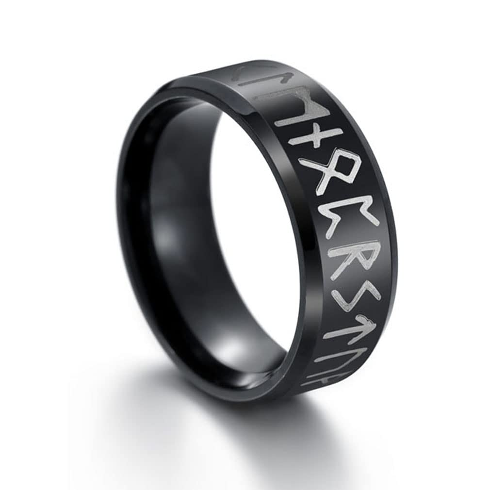 YAZILINDMen's Titanium Steel Band Ring Engraved with Viking Letters Punk Style Father's Day Jewelry-Black(Size T 1/2)
