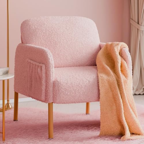 Mondeer Sillón, Silla Decorativa con Bolsa de Almacenamiento y Patas de Metal, Tela Suave de Lana de Cordero sintética para Sala de Estar, Dormitorio, Sala de Lectura, recepción, salón, 63 x 75 x 75