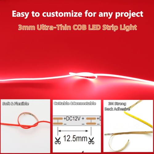 Cinta LED COB ultra delgada 12V 16.4 pies 480LED/m color rojo miniatura 4