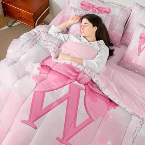 Image of Feelyou Boys Girls Pink Bowknot Comforter Set with Sheets Queen Size, Personalized Initial W 7 Pieces Bedding Set Princess Glitter Bed in A Bag Kids Bow Monogrammed Teens Bed Set Bedroom Decor 7Pcs