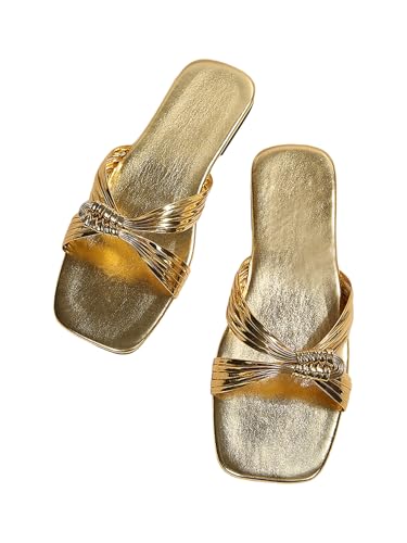 GORGLITTER Women's Metallic Strappy Flat Sandals Dressy Square Open Toe