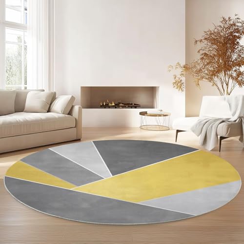 Tapis de salon rond moderne tapis doux imprimé géométrie jaune