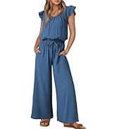 Dokotoo Jumpsuits for Women 2026 Summer Ruffle Sleeves Square Neck Rompers Drawstring Overalls wi...