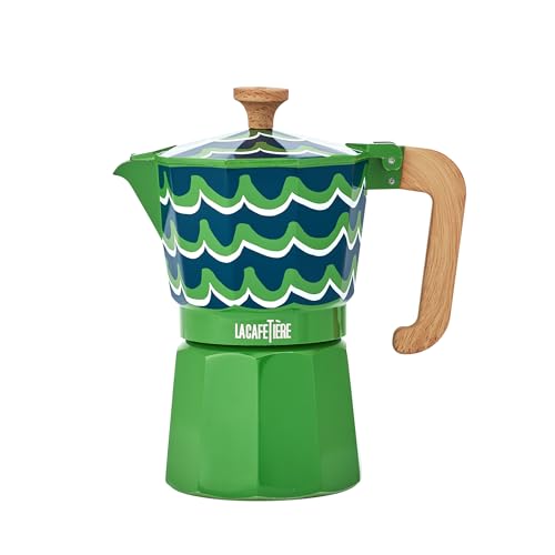 La Cafetière Venice 6 Cup Espresso Maker, 290ml Aluminium Stovetop Coffee Maker with Swirl Design, Gas and Electric Hob Moka Pot with Wooden Handle, Cyan Tides, Green